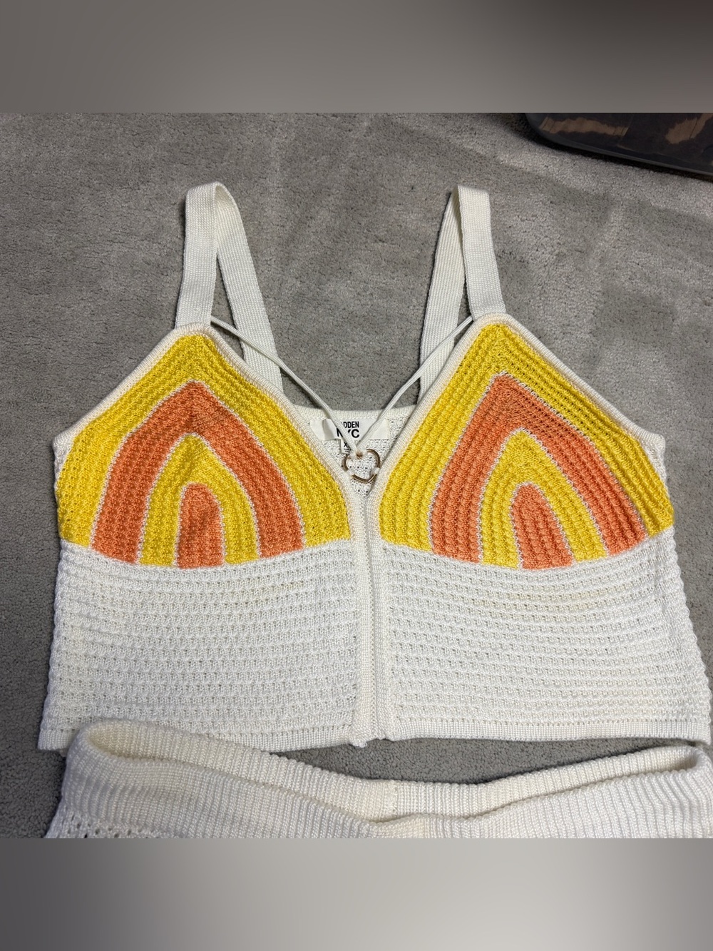 MADDEN NYC Y2K O-RING CROTCHET YELLOW WHITE SHORTS SET BEACH COMFY KNIT SIZE XL - Picture 2 of 4